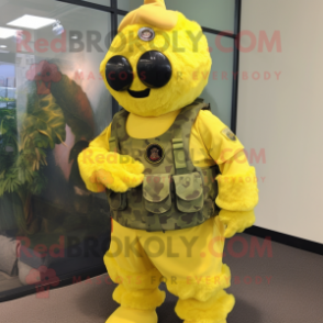 Yellow Marine Recon mascot costume character dressed with a Dress and Hairpins