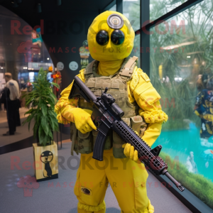 Yellow Marine Recon mascot costume character dressed with a Dress and Hairpins