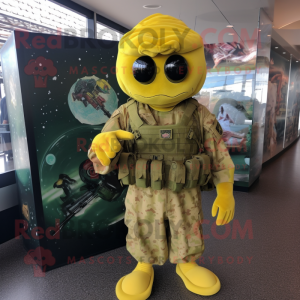 Yellow Marine Recon mascot costume character dressed with a Dress and Hairpins