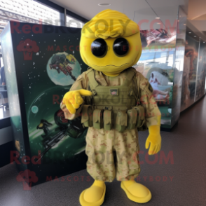 Yellow Marine Recon mascot costume character dressed with a Dress and Hairpins