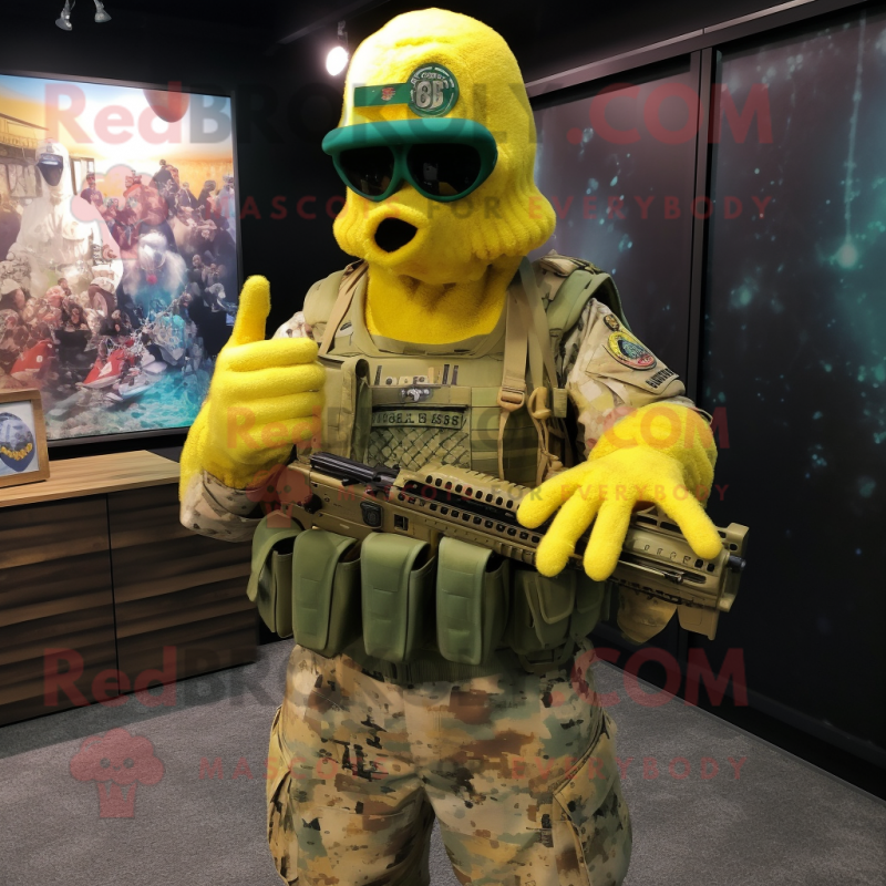 Yellow Marine Recon mascot costume character dressed with a Dress and Hairpins