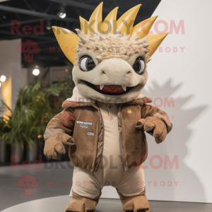 Tan Stegosaurus mascot costume character dressed with a Bomber Jacket and Shawls