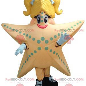 Mascota gigante de salmón y estrella de mar amarilla -