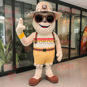 Beige Fire Fighter mascot costume character dressed with a Board Shorts and Eyeglasses