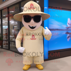 Beige Fire Fighter mascot costume character dressed with a Board Shorts and Eyeglasses