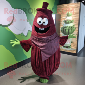 Maroon Zucchini mascot costume character dressed with a Wrap Dress and Wraps