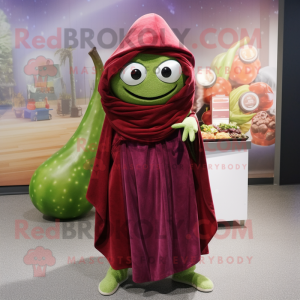 Maroon Zucchini mascot costume character dressed with a Wrap Dress and Wraps
