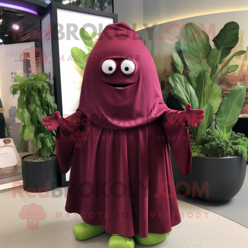 Maroon Zucchini mascot costume character dressed with a Wrap Dress and Wraps Maroon Zucchini mascot costume character dressed with a Wrap Dress and Wraps
