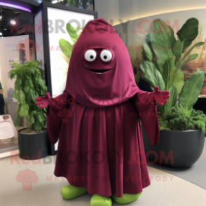 Maroon Zucchini mascot costume character dressed with a Wrap Dress and Wraps