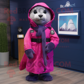 Magenta Navy Seal mascot costume character dressed with a Raincoat and Scarf clips