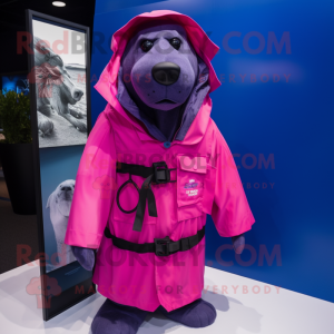 Magenta Navy Seal mascot costume character dressed with a Raincoat and Scarf clips