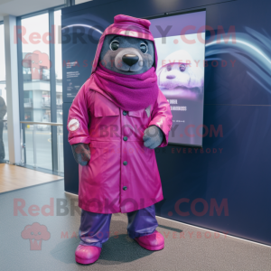 Magenta Navy Seal mascot costume character dressed with a Raincoat and Scarf clips