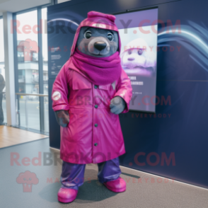 Magenta Navy Seal mascot costume character dressed with a Raincoat and Scarf clips