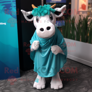 Turquoise Guernsey Cow mascot costume character dressed with a Cover-up and Suspenders