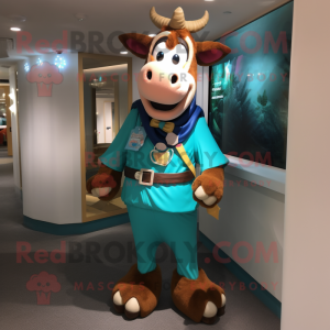 Turquoise Guernsey Cow mascot costume character dressed with a Cover-up and Suspenders