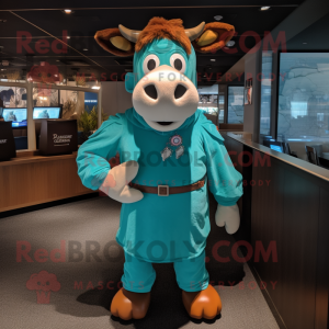 Turquoise Guernsey Cow mascot costume character dressed with a Cover-up and Suspenders