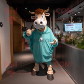 Turquoise Guernsey Cow mascot costume character dressed with a Cover-up and Suspenders