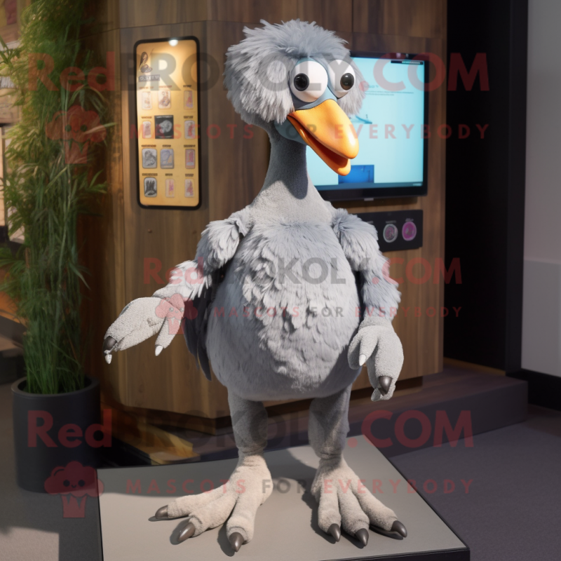 Gray Dodo Bird mascot costume character dressed with a Bodysuit and Shoe clips