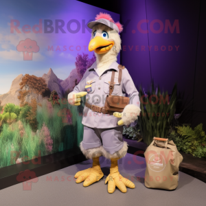 Lavender Chicken mascot costume character dressed with a Cargo Pants and Rings