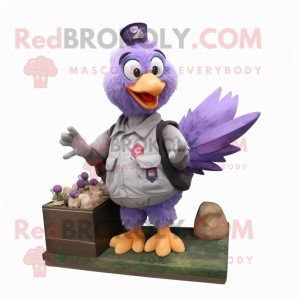 Lavender Chicken mascot costume character dressed with a Cargo Pants and Rings