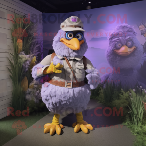 Lavender Chicken mascot costume character dressed with a Cargo Pants and Rings