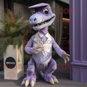 Lavender Velociraptor mascot costume character dressed with a Playsuit and Tie pins