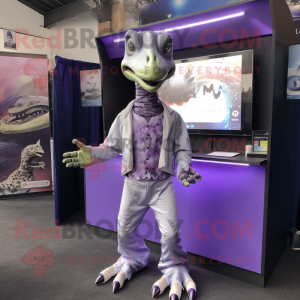 Lavender Velociraptor mascot costume character dressed with a Playsuit and Tie pins