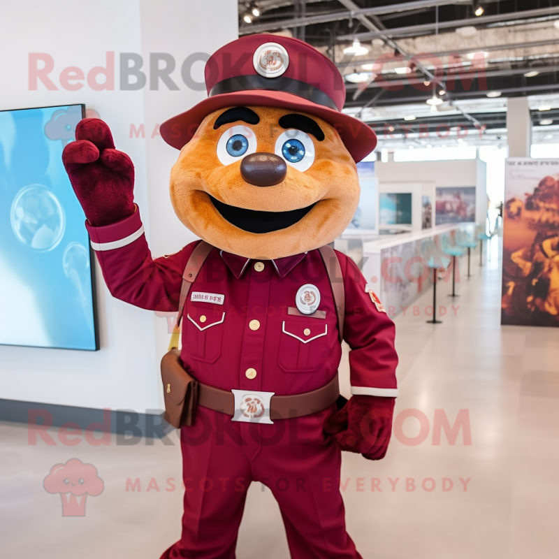 Maroon Fire Fighter mascot costume character dressed with a Shorts and Earrings Maroon Fire Fighter mascot costume character dressed with a Shorts and Earrings