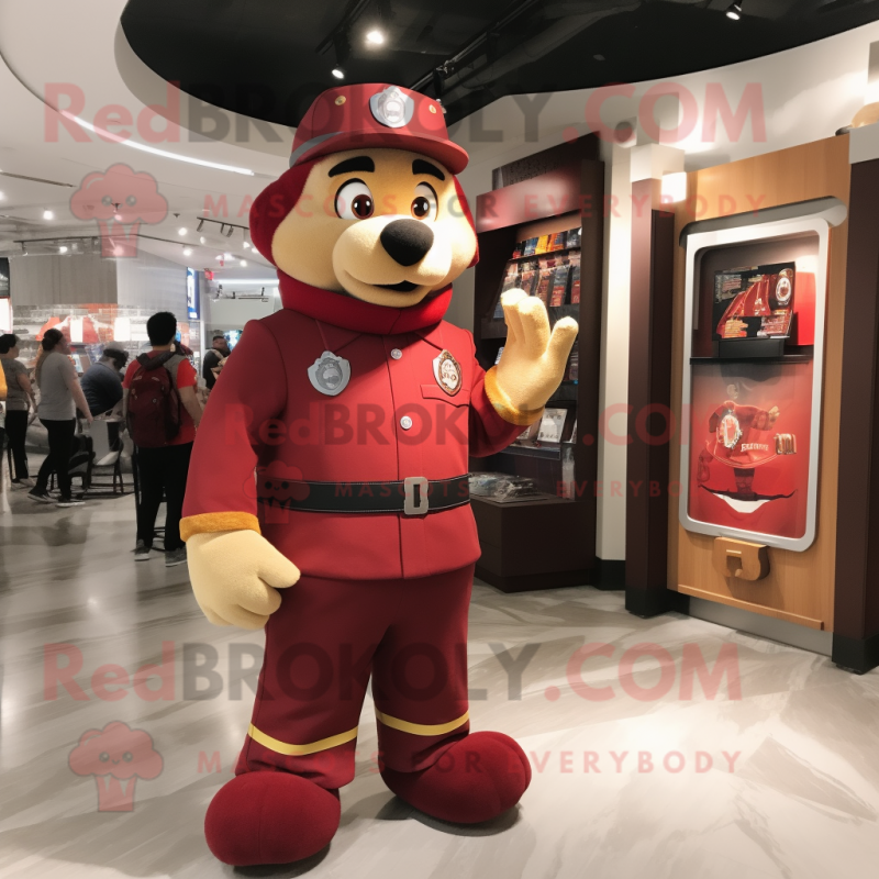 Maroon Fire Fighter mascot costume character dressed with a Shorts and Earrings Maroon Fire Fighter mascot costume character dressed with a Shorts and Earrings