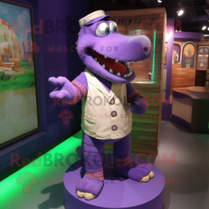 Purple Crocodile mascot costume character dressed with a Wrap Skirt and Cufflinks