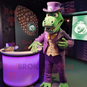 Purple Crocodile mascot costume character dressed with a Wrap Skirt and Cufflinks