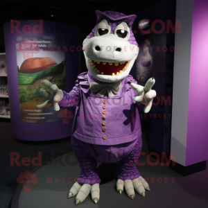 Purple Crocodile mascot costume character dressed with a Wrap Skirt and Cufflinks