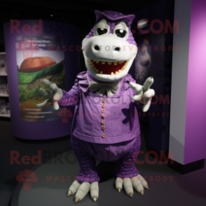 Purple Crocodile mascot costume character dressed with a Wrap Skirt and Cufflinks