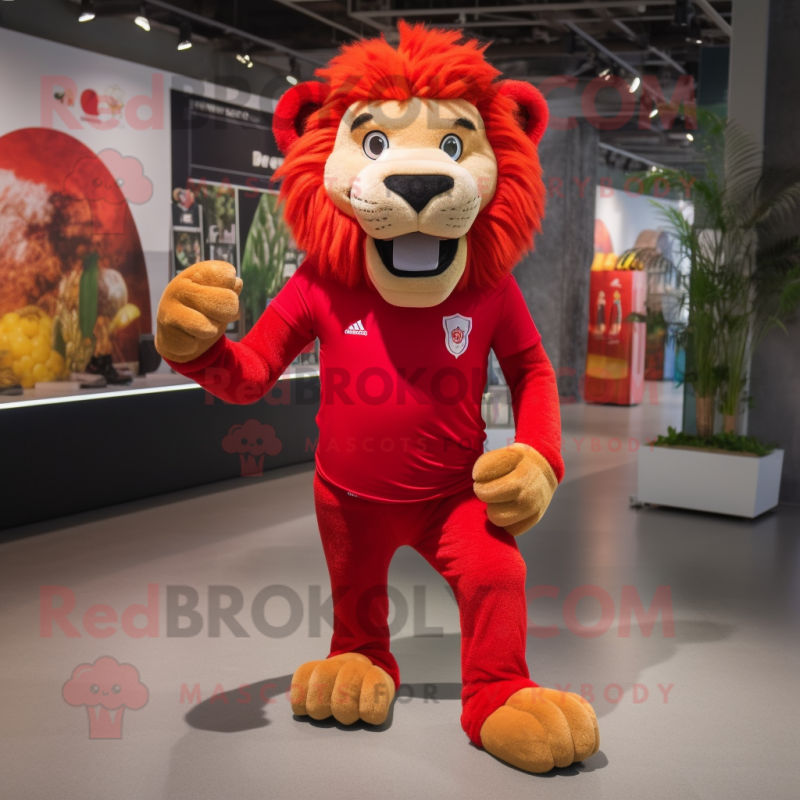 Red Tamer Lion mascot costume character dressed with a Running Shorts and Shoe laces