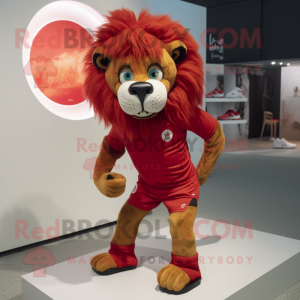 Red Tamer Lion mascot costume character dressed with a Running Shorts and Shoe laces