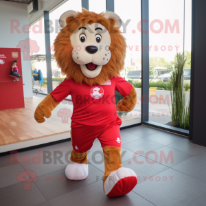 Red Tamer Lion mascot costume character dressed with a Running Shorts and Shoe laces