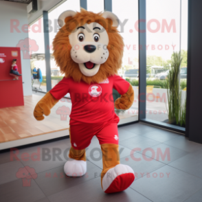 Red Tamer Lion mascot costume character dressed with a Running Shorts and Shoe laces