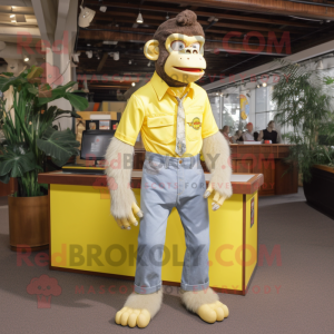 Lemon Yellow Chimpanzee mascot costume character dressed with a Mom Jeans and Tie pins