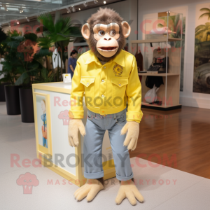 Lemon Yellow Chimpanzee mascot costume character dressed with a Mom Jeans and Tie pins