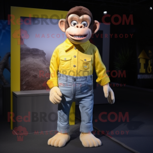 Lemon Yellow Chimpanzee mascot costume character dressed with a Mom Jeans and Tie pins