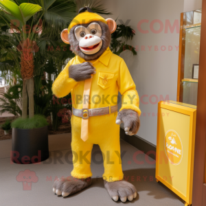 Lemon Yellow Chimpanzee mascot costume character dressed with a Mom Jeans and Tie pins