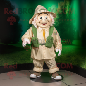Cream Leprechaun mascot costume character dressed with a Windbreaker and Backpacks