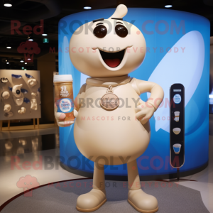 Beige Bottle Of Milk mascot costume character dressed with a Graphic Tee and Watches