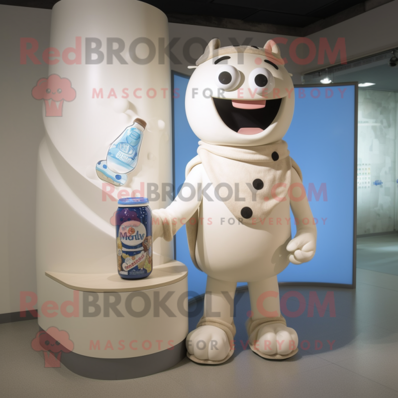 Beige Bottle Of Milk mascot costume character dressed with a Graphic Tee and Watches