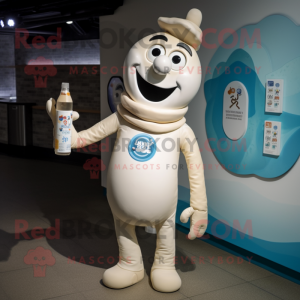 Beige Bottle Of Milk mascot costume character dressed with a Graphic Tee and Watches