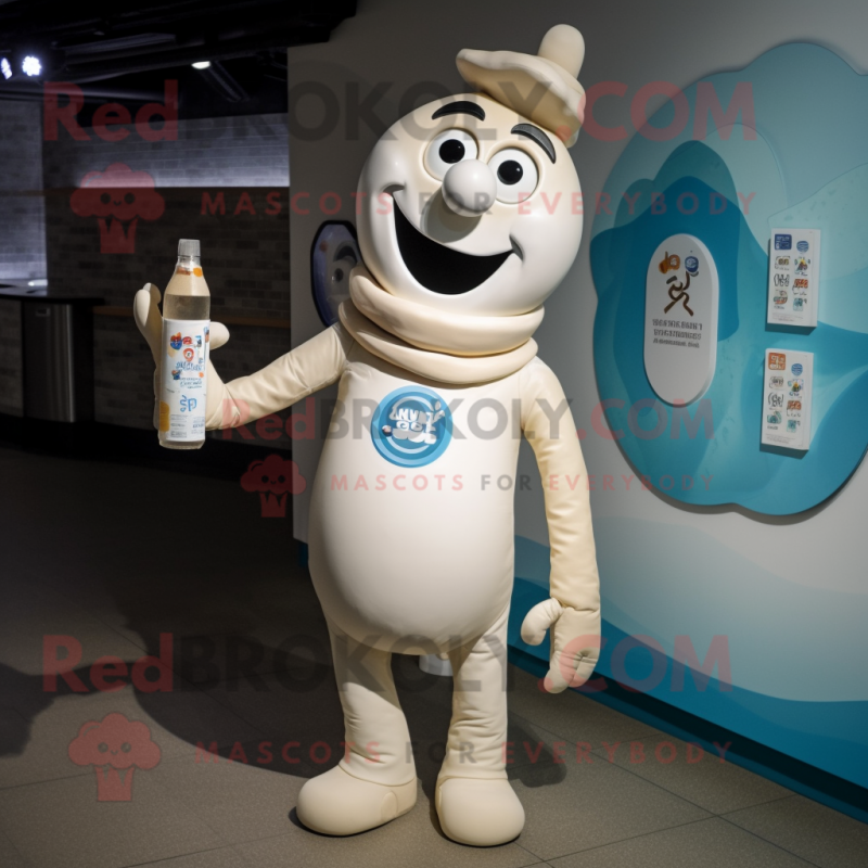 Beige Bottle Of Milk mascot costume character dressed with a Graphic Tee and Watches Beige Bottle Of Milk mascot costume character dressed with a Graphic Tee and Watches