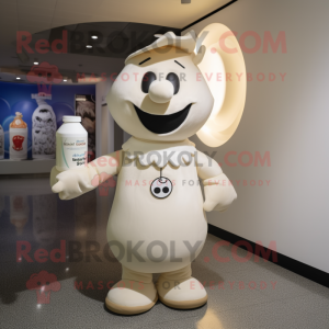 Beige Bottle Of Milk mascot costume character dressed with a Graphic Tee and Watches