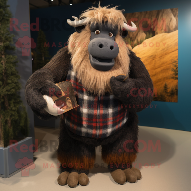 Black Mammoth mascot costume character dressed with a Flannel Shirt and Brooches