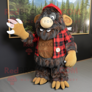 Black Mammoth mascot costume character dressed with a Flannel Shirt and Brooches