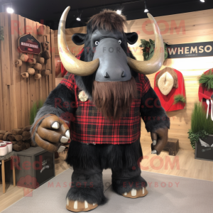 Black Mammoth mascot costume character dressed with a Flannel Shirt and Brooches